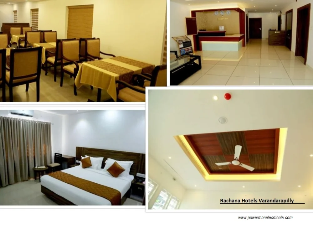 Restaurant dining hall, lobby ambiance, and designer false ceiling cove lighting with LED spots